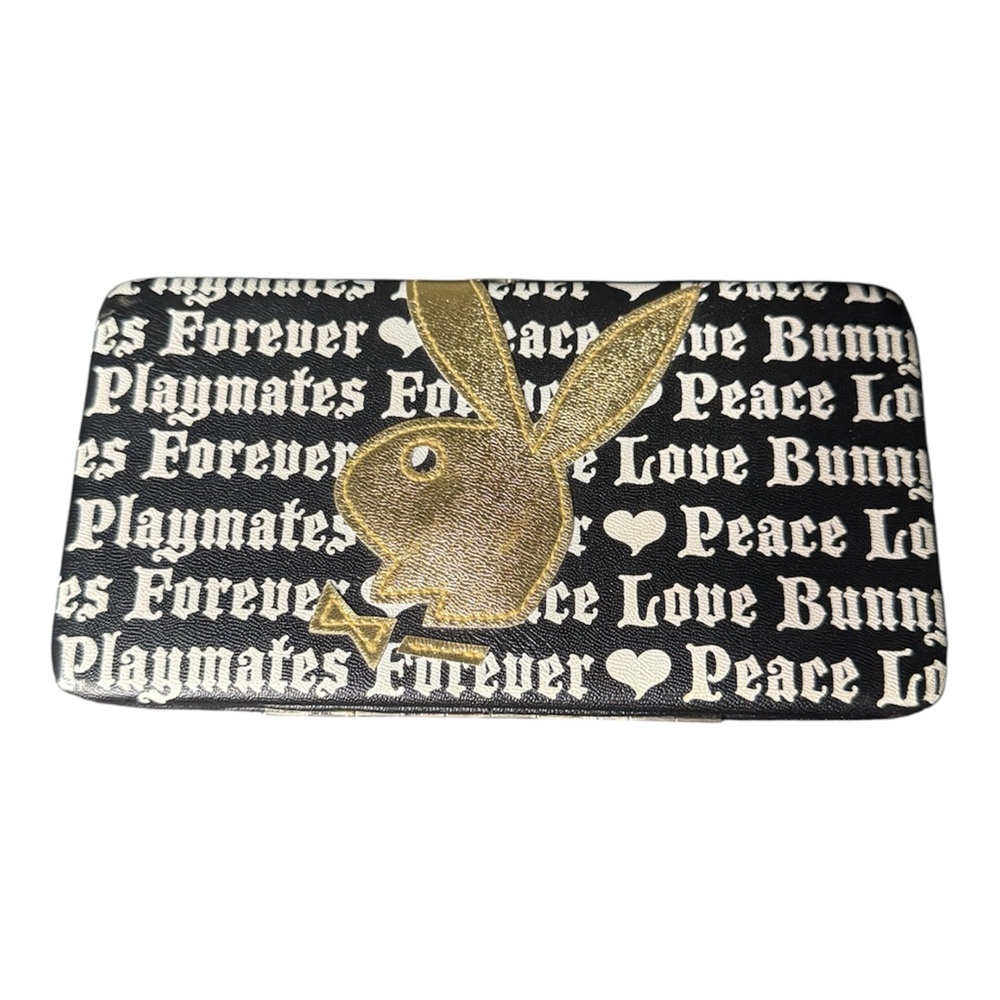 PLAYBOY Vintage Black and White Gold Bunny Front Decor Bifold Clasp Slim Wallet